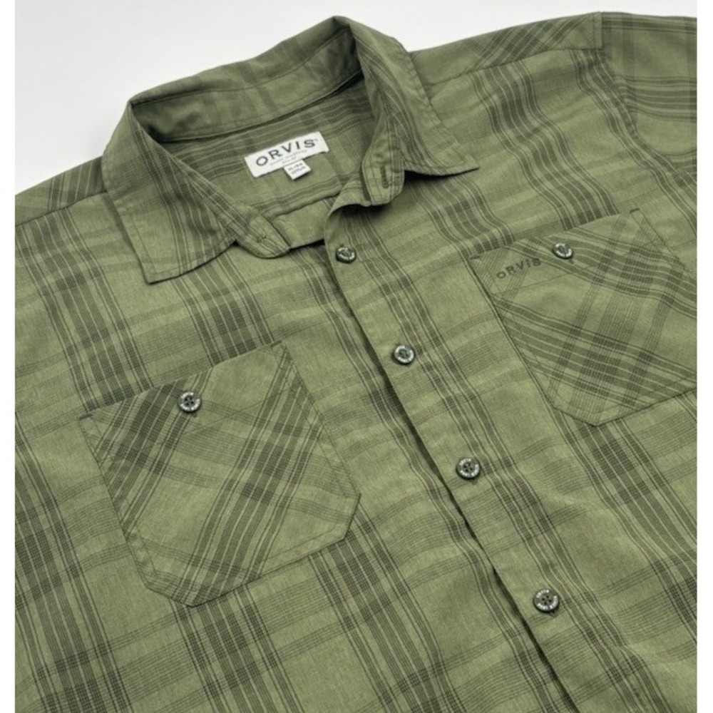 Orvis‎ Men's XL Polyester Active Green Plaid Shorts Sleeve Fishing Shirt